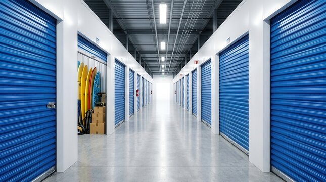 Self storage facility corridor showing blue roll up doors and an open storage unit containing surfboards and boxes