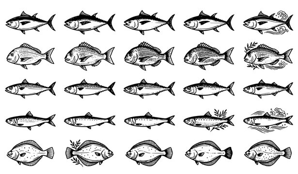 Vintage Ocean Fish Sketch Icon Set with Tuna Sea Bream Mackerel Herring and Flounder for Fresh Seafood Market and Sushi Restaurant Menu Designs