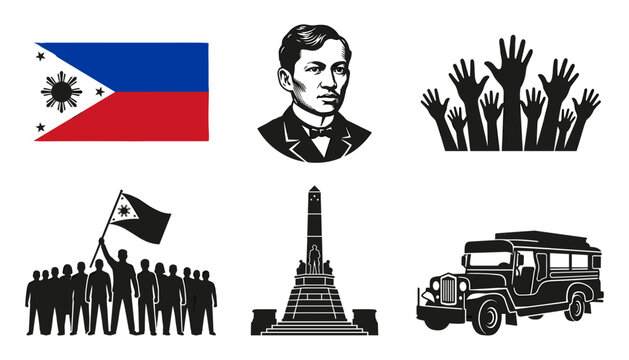 Philippines Independence Day Vector Element Set Featuring National Flag Jose Rizal Portrait Monument Jeepney Caravan And People Power Revolution Silhouettes
