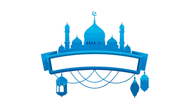 Islamic Blue Mosque Vector Illustration with Blank Ribbon Banner and Hanging Lanterns for Ramadan Kareem and Eid Mubarak Greeting Cards
