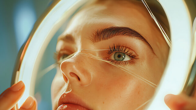 Close-up of a young woman getting a face threading procedure for hair removal with a ring light