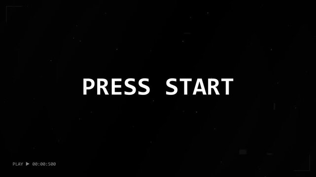 White PRESS START text on black background, representing retro video game intro, arcade nostalgia, and classic gaming motion graphic.