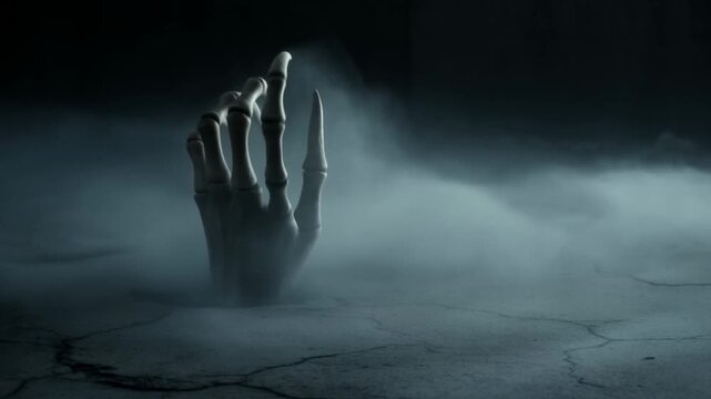 Zombie hand breaking through cracked concrete floor surrounded by thick fog in dark room