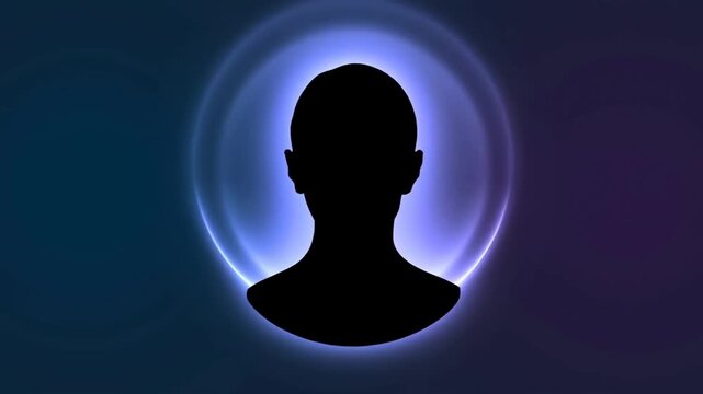 Anonymous human profile silhouette remains centered against glowing blue and purple gradient background