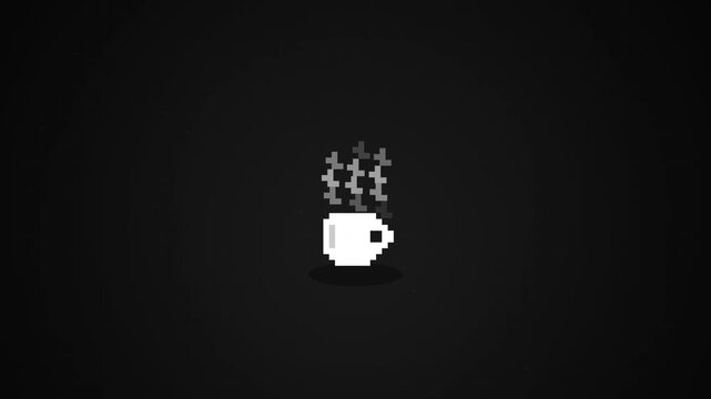 White coffee cup icon with steam on black background, representing morning coffee, cafe, beverage, and hot drink motion graphic.