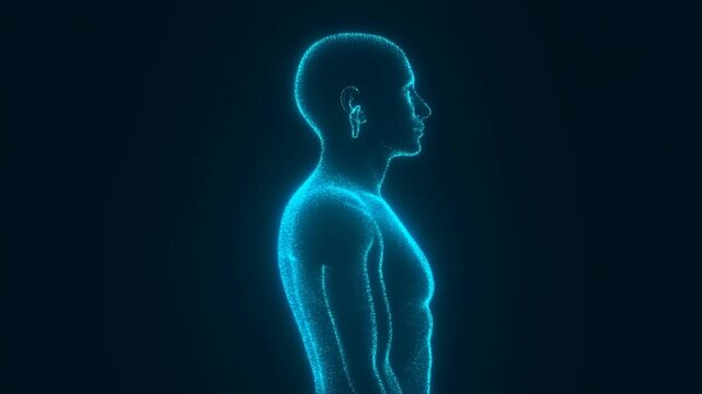 Glowing blue digital human figure standing still in profile against dark background