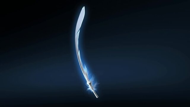 Glowing white feather suspended against dark blue background with soft illuminated edges