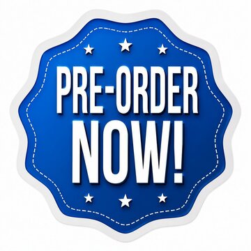 Blue badge with pre-order now text and stars for marketing