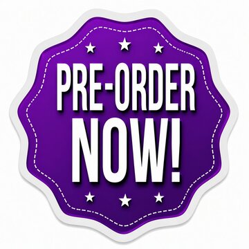 Vibrant purple pre-order now badge with white stars and bold text