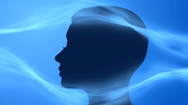 Human head silhouette in side profile surrounded by flowing blue abstract light waves
