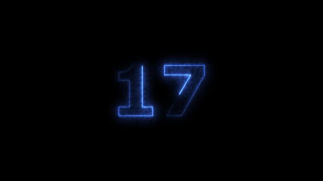 Abstract glowing neon text 17 number countdown icon. Glowing sign on black background Neon number 17 with alpha channel, simple blue neon color. 