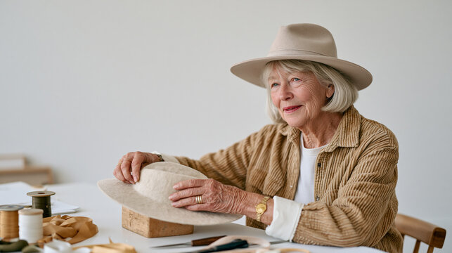 Aged milliner with weathered hands arranges a towering felt hat on a wooden block in a spare white studio, her focused expression revealing decades of craft mastery, tools and