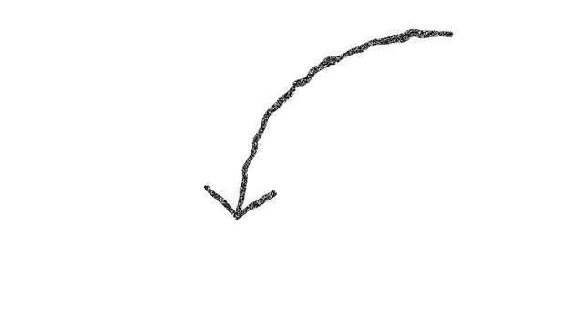 Hand-drawn Stop motion down Arrow pointing, hand-drawn arrow animation on a transparent background.  minimalist motion graphic, organic ink stroke, directional sign, back button.. 
