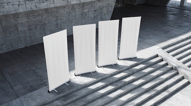 Four blank white vertical banners stand on concrete stairs with sunlight and shadows.