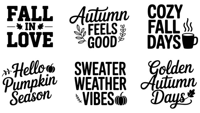 Autumn SVG quotes set, 6 fall typography designs, sweater weather lettering Editable Vector