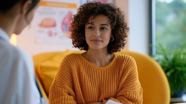 Woman at a sexual health clinic receiving STI counseling from a nurse practitioner, educational anatomical materials posted discreetly on the wall, the consultation rendered