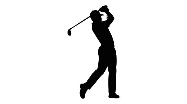 Golfer silhouette swings a club against a stark white background depicting athletic motion golf sport