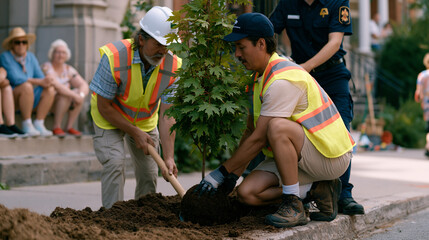 Fototapeta premium Urban tree planting volunteer crew lowering young maple sapling into prepared sidewalk pit on city street, municipal forestry staff guiding root ball placement, autumn equinox