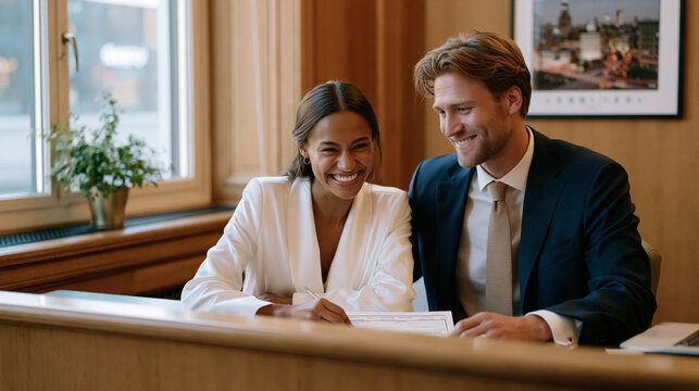 Courthouse elopement witnessed by a single elderly notary, the couple laughing as they sign the marriage certificate on a wood-paneled counter, a small potted plant on the