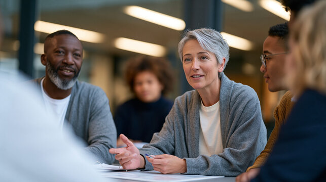 Special education coordinator and parents gathered around an IEP binder at a school conference table, learning disability accommodations discussion, institutional fluorescent