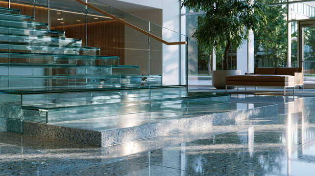 transparent glass layers abstract stacked architectural panels in commercial building atrium lobby catching low autumn equinox sunlight and refracting across polished terrazzo