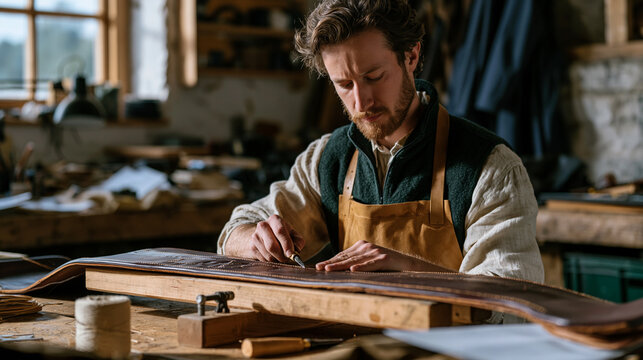 Saddler stitches harness brace on wooden clamp in modest workshop attached to working equestrian yard, awl and linen thread visible, leather craft heritage, equine equipment