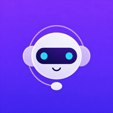 Smiling cute robot character with headphones and glowing eyes on purple background