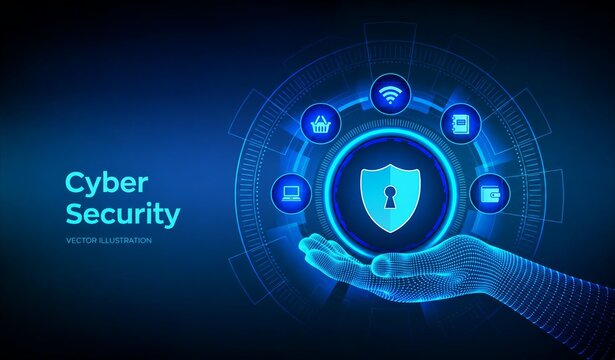 Cyber security protection shield in a futuristic digital hand illustration