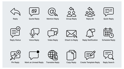 Fototapeta premium Email and message reply icons for communication systems, showing actions like reply all, quote reply, and pin message options.