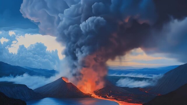 Twin volcanoes erupting lava with massive ash cloud