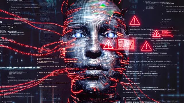 Cybernetic head with glowing blue eyes and red warning alerts. Digital interface with scrolling code and system failure indicators. Lockdown shot.