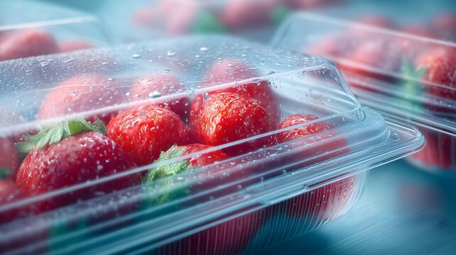 Fresh red strawberries packed in clear plastic clamshell container with water droplets