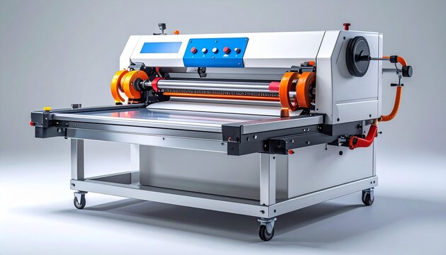 Industrial laminating machine with control panel, rollers and steel table on gray background. Modern manufacturing and printing equipment.
