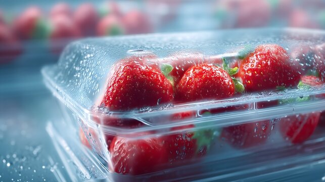Fresh red strawberries packed in clear plastic clamshell container with water droplets