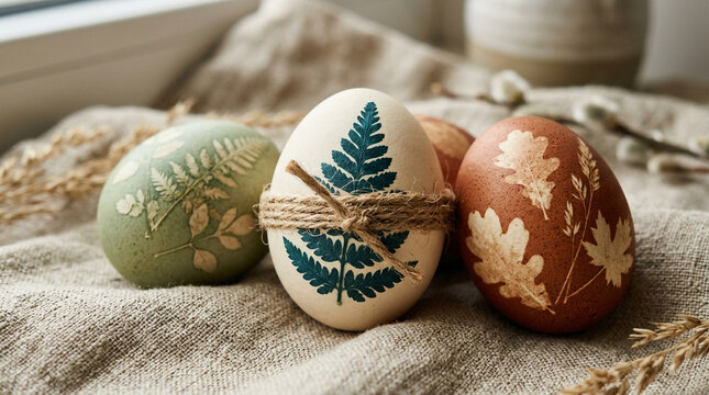 Easter eggs decorated with natural leaf prints rest on textured linen fabric.