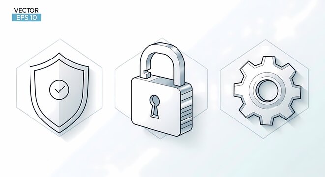 Isometric data security and system protection icons set with padlock and shield