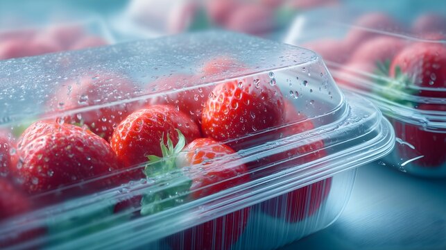 Fresh red strawberries packed in clear plastic clamshell container with water droplets
