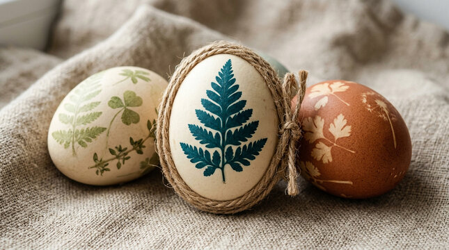 Easter eggs decorated with natural botanical leaf prints sit on a textured linen cloth.