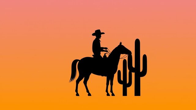 Cowboy riding horse past desert cacti in black silhouette against orange sunset sky
