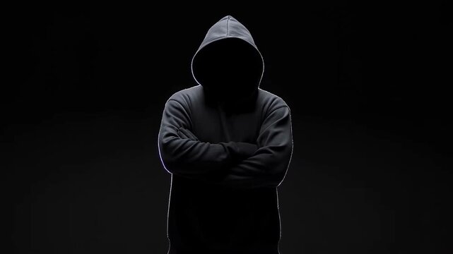 Hooded anonymous person standing motionless with crossed arms against black background