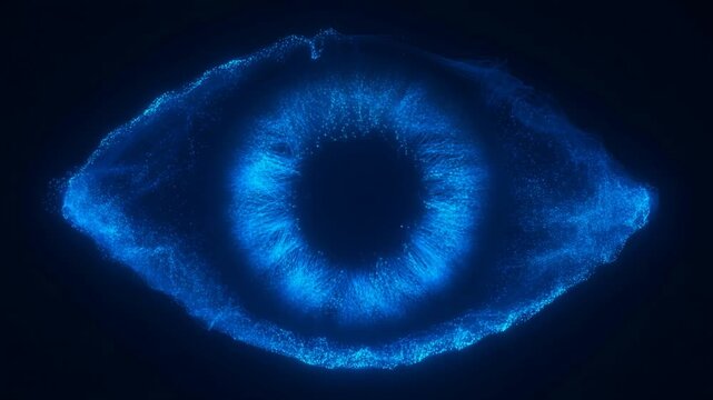 Glowing blue digital eye graphic with particle eyelids blinking and opening against a dark background