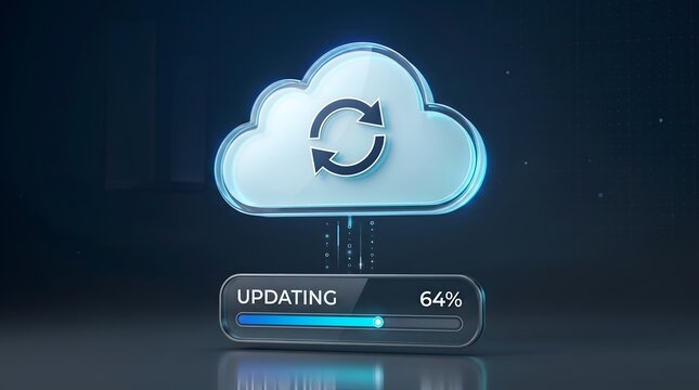 Cloud system software update showing glowing digital cloud synchronizing data with loading progress bar