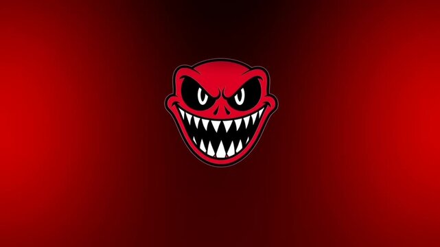 Red cartoon monster face grins with sharp teeth against dark red abstract background