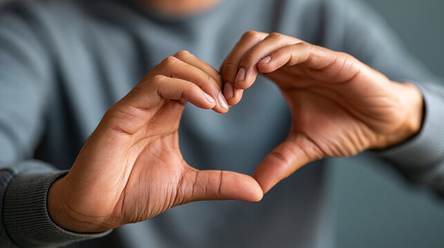 Close-up of a man's hand forming a love symbol gesture, faceless candid portrait, warm affectionate lifestyle concept, plain background, with copy space