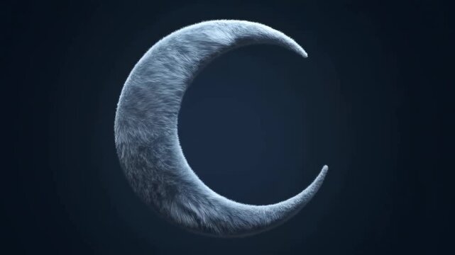 Furry crescent moon suspended against dark blue background with textured surface