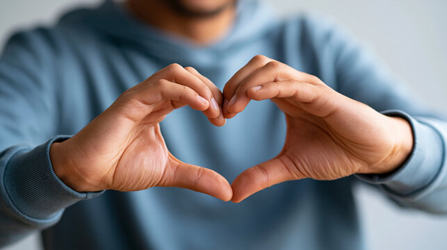 Close-up of a man's hand forming a love symbol gesture, faceless candid portrait, warm affectionate lifestyle concept, plain background, with copy space