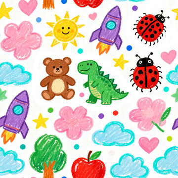 Seamless Kids Crayon Drawing Pattern with Cute Teddy Bear, Dinosaur and Rocket