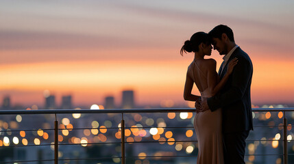 Fototapeta premium Silhouette of a couple standing on a balcony overlooking a city skyline at dusk, faceless composition, romantic travel lifestyle, with copy space