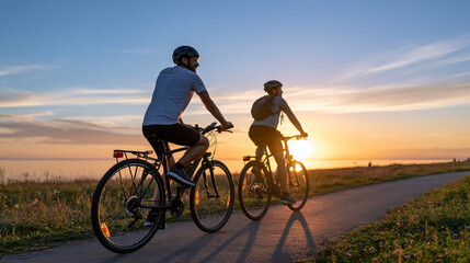 Fototapeta premium Silhouette of a couple cycling together along a countryside path, faceless composition, active healthy lifestyle, with copy space
