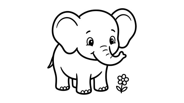 A cute little baby elephant standing next to a small flower in a simple black and white line art drawing
